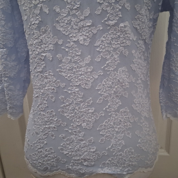 E.R.G. Collection Light Blue Shirt With White Floral Lace Overlay     Size L - Picture 5 of 14